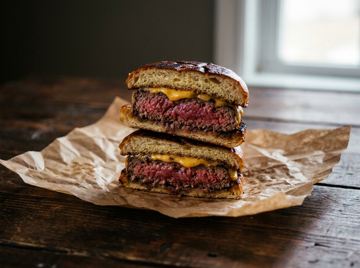 A homemade burger cut in half, showing a juicy interior and dark crust